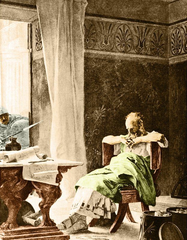 Escena en la que Arquímedes está pensando en su casa y un soldado se asoma por la ventana