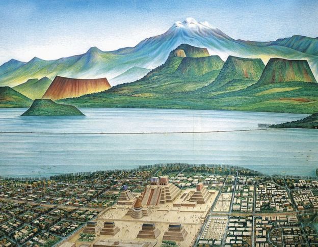 Este dibujo muestra una vista panorámica de Tenochitlan y del llamado "Valle de México".