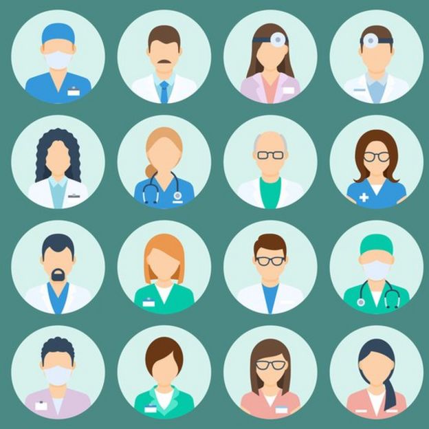 Ilustração mostra 16 personagens genéricos representando médicos, enfermeiras e outros profissionais da saúde