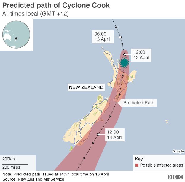 Map showing predicted path of Cyclone Cook