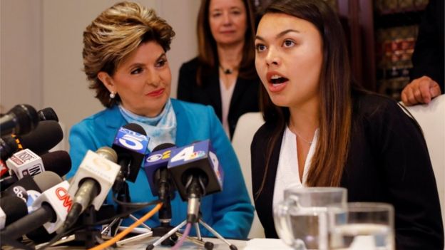 Attorney Gloria Allred (left) and her client Danielle Mohazab speaking out about an alleged incident with Mr Tyndall during a news conference earlier this year.