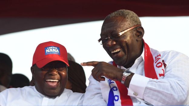 Ghanaian politicians Nana Addo Dankwa Akufo-Addo, the current president (L), and former President John Kufuor (R) - on the campaign trail