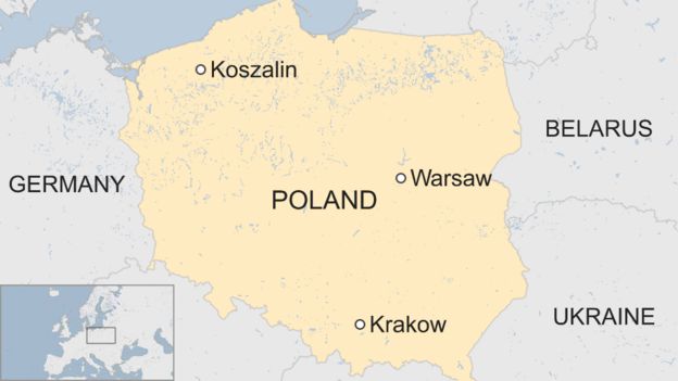 Map showing the city of Koszalin in Poland