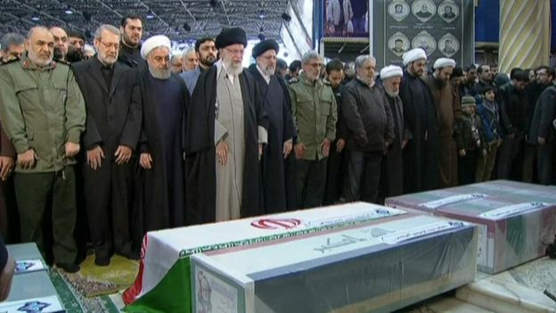 Ayatollah Khamenei leads prayers by the coffin of Qasem Soleimani