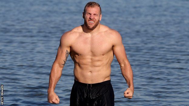 James Haskell takes a dip in the ocean with a chilly water temperature of 11C during the England recovery session in Melbourne in July 2016