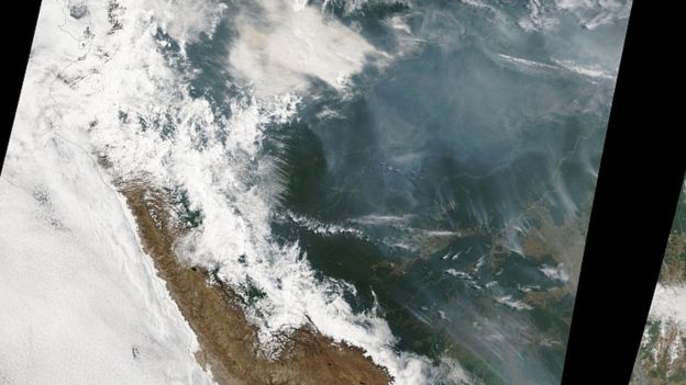 Satellite image of forest fires burning in the Amazon rainforest, Brazil. 14th August 201