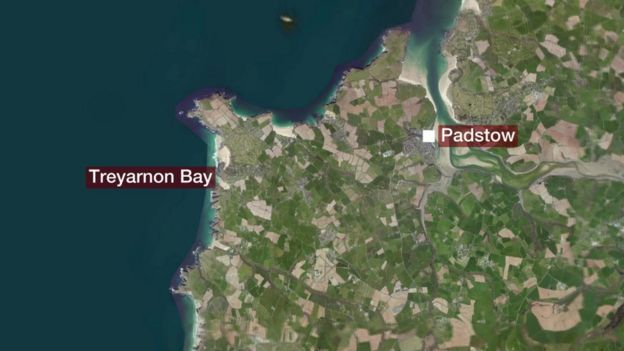 Map showing Treyarnon Bay and its proximity to Padstow