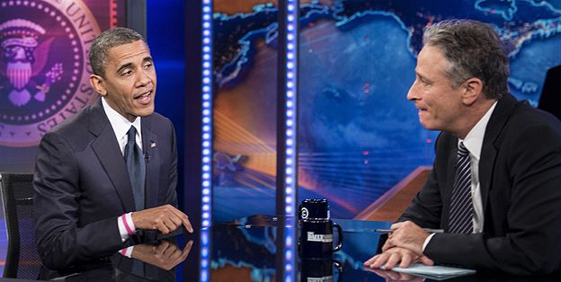 President Barack Obama meets comedy show host Jon Stewart