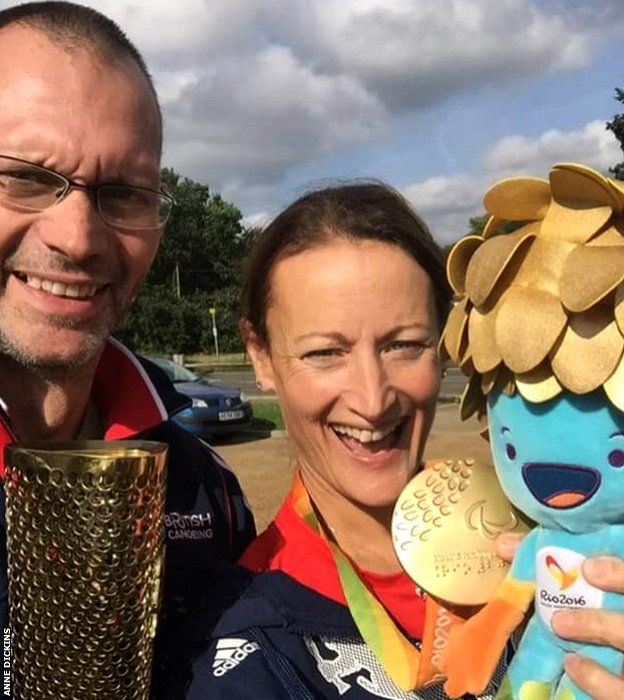 Phil Gunney with his wife Claire's London 2012 Olympic torch and Anne Dickins with her Rio 2016 Paralympics gold medal and mascot
