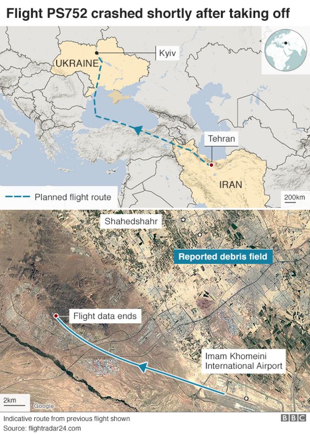A map showing the flight path of a plane that crashed in Iran