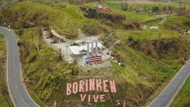 Imagen de Puerto Rico con el cartel "Borinken vive"