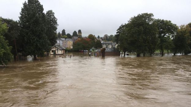 Flood waters in Builth Wells, Powys