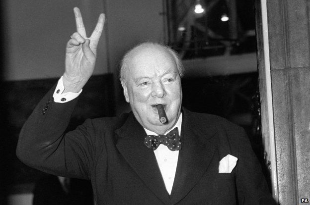 Winston Churchill giving V-for-victory sign