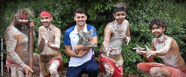Guy Learmonth of Team Scotland poses with Commonwealth Games koala bear, Beau