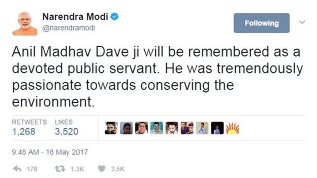 Anil Madhav Dave ji will be remembered as a devoted public servant. He was tremendously passionate towards conserving the environment.