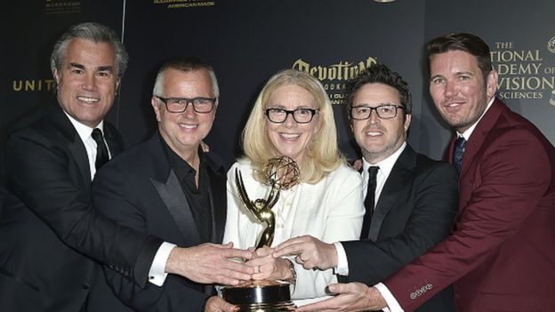 Andy Lassner, Jonathan Norman, Mary Connelly, Ed Glavin and Kevin Leman attend the 44th Annual Daytime Emmy Awards on April 30, 2017 in Pasadena, California