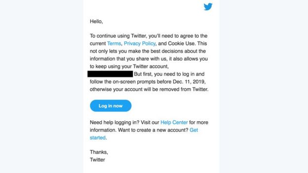 Correo de Twitter con advertencia de cancelación de cuentas