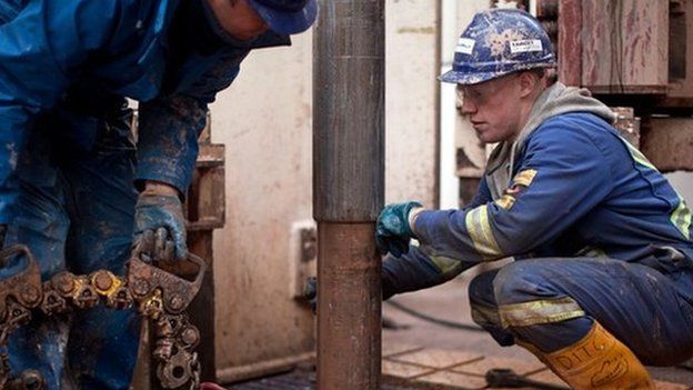 Fracking workers looking at drill