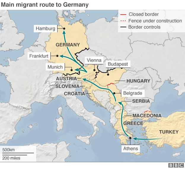 Map showing main migrant route north from Turkey to Germany
