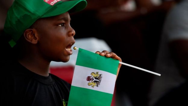 Boy holding a Nigerian flag while watching cricket