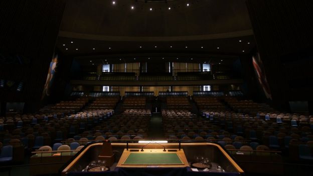 O hall da Assembleia Geral da ONU do ponto de vista do orador