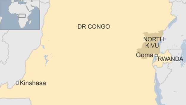 Map of DR Congo, showing North Kivu province, and Rwanda