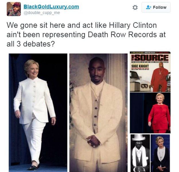 Tweet saying: We gone sit here and act like Hillary Clinton ain't been representing Death Row Records at all 3 debates?