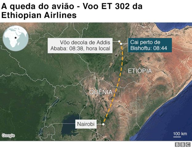 Mapa mostra local onde o avião da Ethiopian Airlines caiu