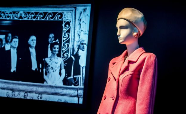 A pink 1959 wool coat made by Hubert de Givenchy for US First Lady Jacqueline Kennedy on show in a Paris exhibition