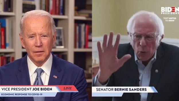 Screengrab taken from JoeBiden.com campaign website, Bernie Sanders endorses Democratic presidential candidate Joe Biden during a live streaming broadcast on April 13, 2020