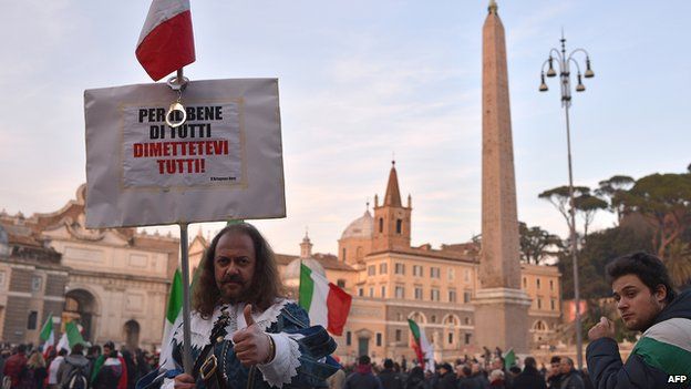 Protesters attend a demonstration by the Forconi - or pitchforks - anti-austerity movement in Rome on 18 December 2013.