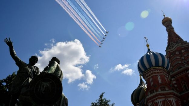Pilots fly over Red Square for the Victory Day parade