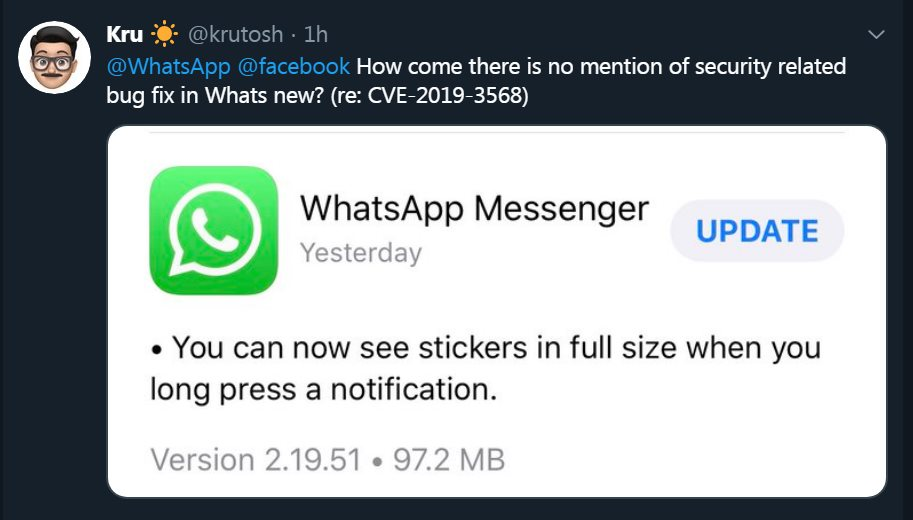 Tweet by Krutosh: How come there is no mention of security related bug fix in What's new?