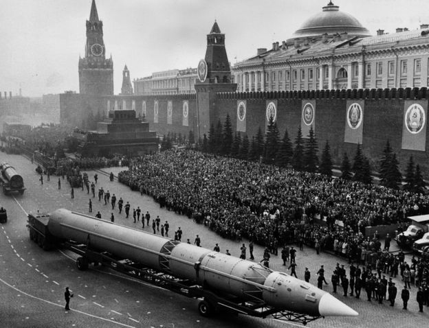 Russian Intercontinental Missile crossing Red Square during the military parade in Moscow. 12 May 1965