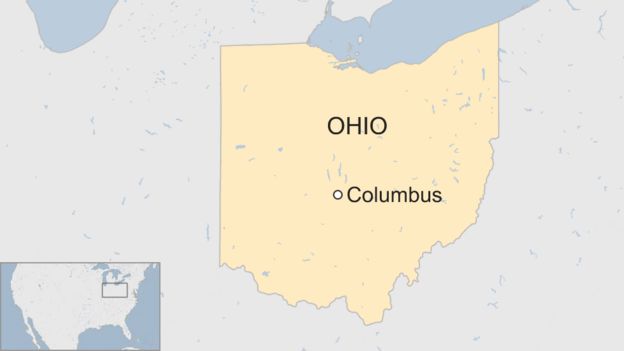 A map showing the city of Columbus in relation to the state of Ohio, USA