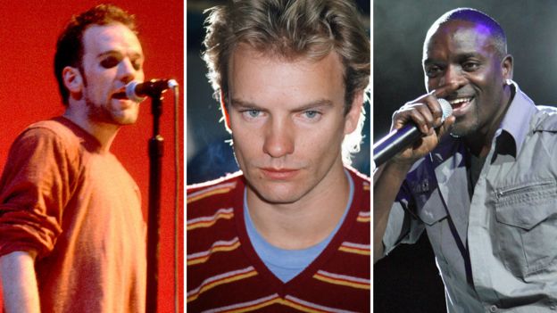 Left-right: Michael Stipe, Sting and Akon