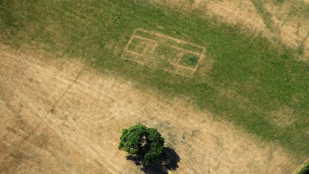 Crop marks reveal villa building details at Wyncliff, St Arvans, near Chepstow in Monmouthshire