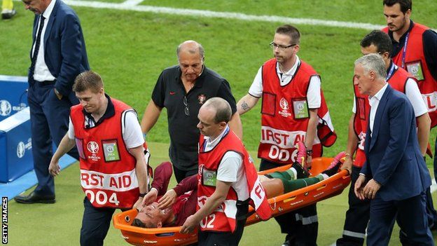Cristiano Ronaldo is stretchered off in the Euro 2016 final.