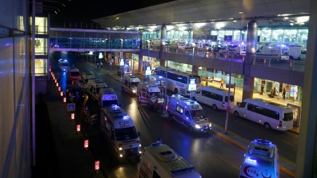 Ambulances arrive at Turkey's largest airport, Istanbul Ataturk, Turkey, following a blast June 28, 2016