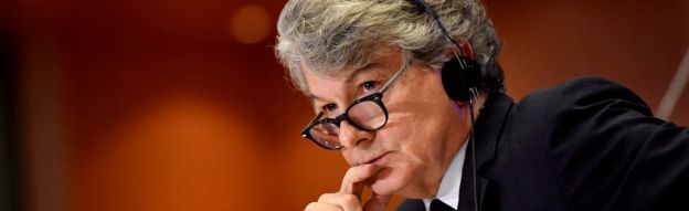 Thierry Breton listens during a hearing before the European Parliament in Brussels, 14 November 2019