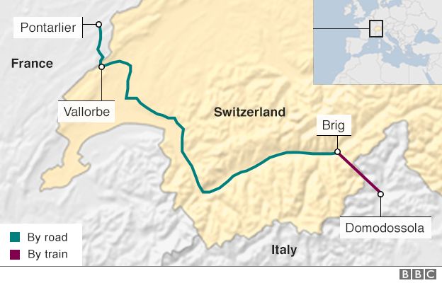 Map showing refugee family's route through Switzerland