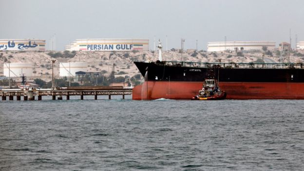An oil tanker docking at Iran’s Port of Kharg Island oil terminal