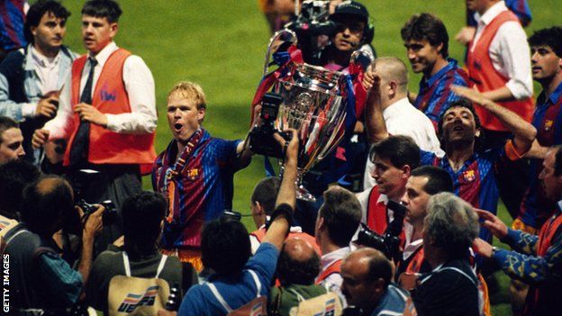 Ronald Koeman holds the European Cup as a Barcelona player