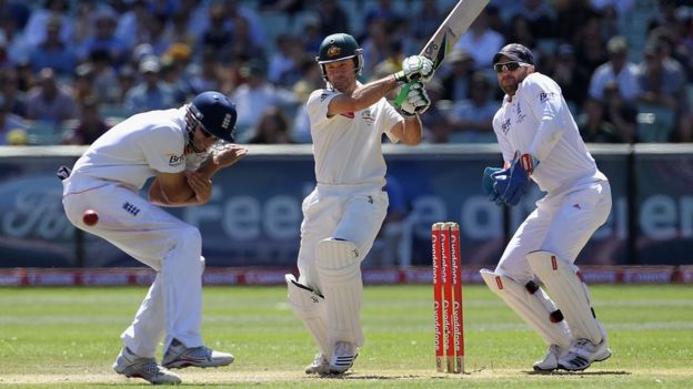 Englishman Alistair Cook (left) and Australian Ricky Ponting (with a bat)