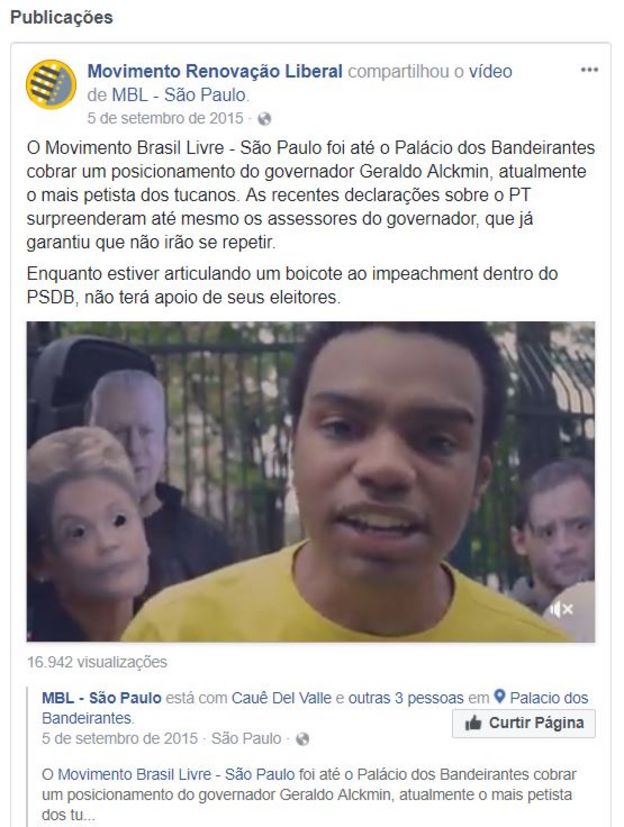 Reprodução de transmissão ao vivo na página do MRL no Facebook, com Fernando Holliday
