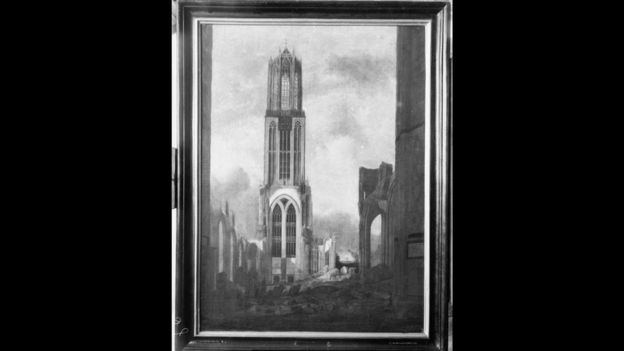 Un grabado que muestra cómo quedó la catedral después de la tormenta