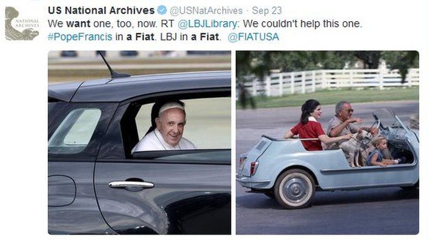 US National Archives tweets: We want one, too, now. RT @LBJlibrary: We couldn't help this one. #PopeFrancis in a Fiat. LBJ in a fiat @FIATUSA
