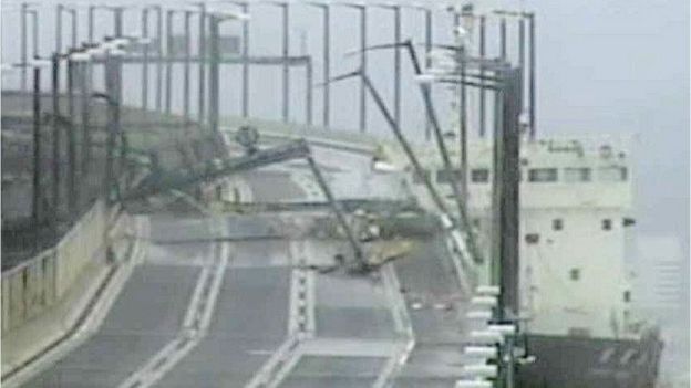 A tanker ship had smashed into a bridge connecting the city of Izumisano with Kansai airport,