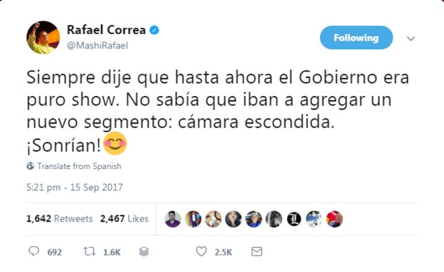 Tuit de Rafael Correa