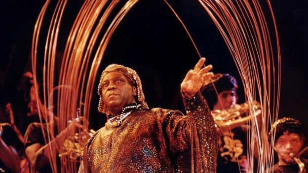 Sun Ra and his Sun Ra Archestra perform with a steel sculpture on September 23, 1978, at Hill Auditorium in Ann Arbor, Michigan.